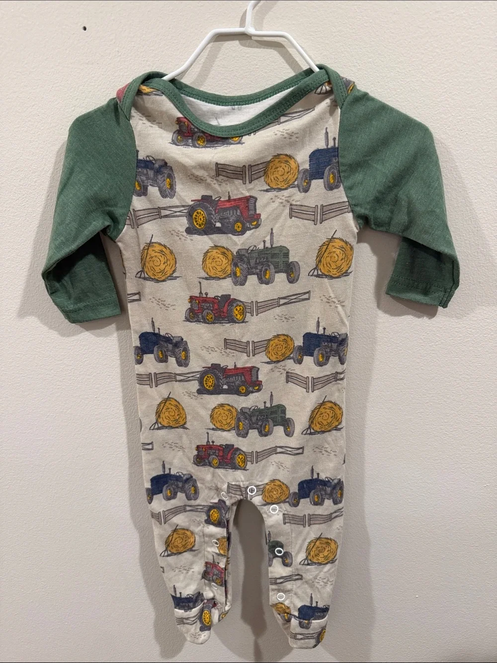 Jane Marie Green Sleeve Tractor-Print Baby bamboo Footed Romper
